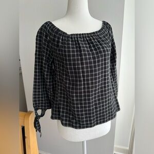 NWT Madewell off shoulder checkered top with tie sleeves